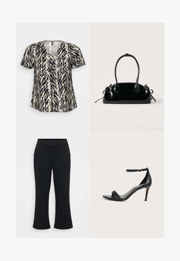 T-shirt à manches courtes avec un décolleté en V, arborant un motif à rayures tigre noir et crème. Le tissu semble léger et fluide.; Pantalons évasés noirs avec une texture lisse et extensible. Dotés d'une large ceinture et d'accents côtelés sur les poches latérales.; Sandale à talons hauts en cuir noir avec bride à la cheville et bout ouvert, vue de côté sur un fond clair uni.; Petit sac à main noir brillant avec deux longues anses et des détails à cordon sur les côtés sur un fond clair uni.