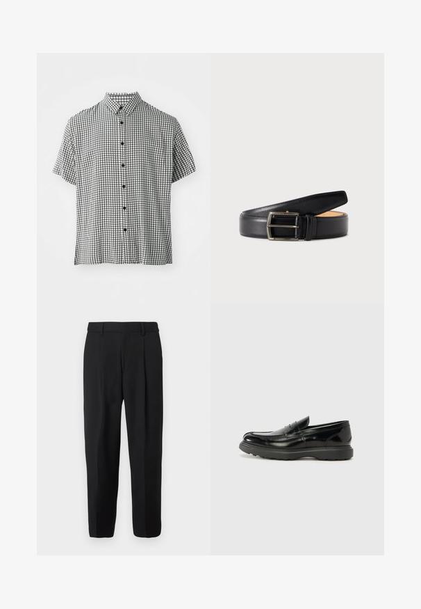 Chemise à manches courtes avec un motif à carreaux noir et blanc, dotée d'un col classique et de boutons noirs sur le devant.; Pantalon noir à jambe droite, confectionné en tissu tissé, avec devant plat, passants pour ceinture et deux poches latérales.; Mocassin en cuir noir avec une finition brillante, bout arrondi, détails de couture subtils et semelle en caoutchouc épaisse pour la durabilité.; Ceinture en cuir noir avec boucle rectangulaire argentée enroulée sur un fond clair uni.