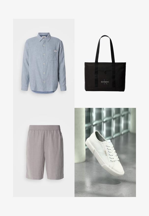 Lyseblå stribet skjorte med knapper, lavet af bomuldsstof, lange ærmer, spidse kraver, enkelt brystlomme og logoetiketdetalje.; Calvin Klein PULL ON - Shorts - steeple gray; Hvid Calvin Klein lavt sneakers med snørebånd, gummisål og logo-tag, svævende over gråt poleret gulv nær glasblokvæg.; Sort Calvin Klein tote taske med to lange håndtag og lomme foran, med mærkets logo i hvid og grå.