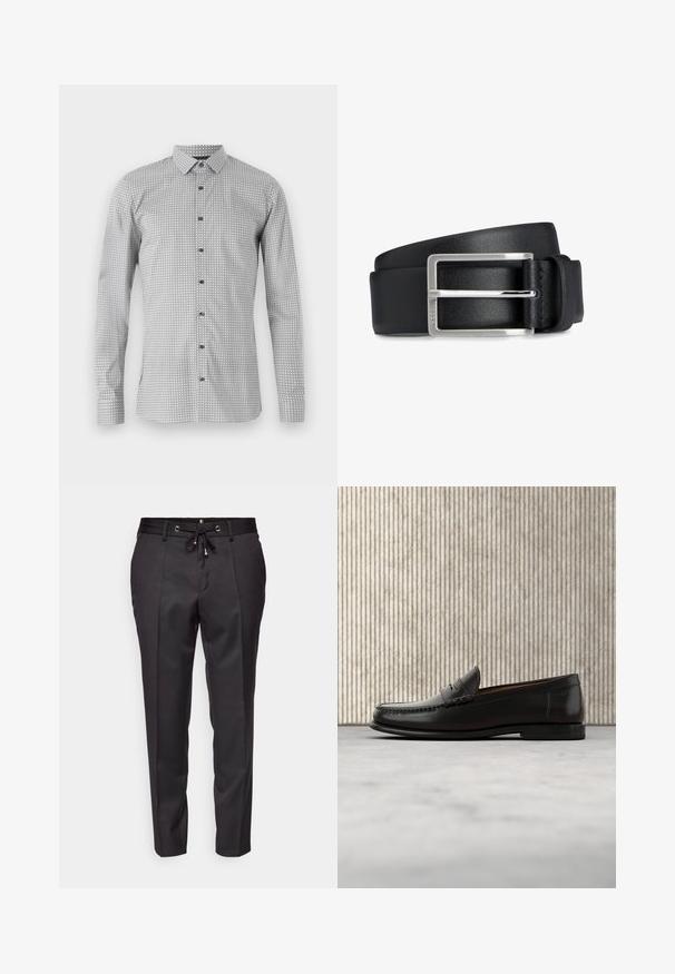 Langarmshirt in Weiß und Schwarz mit geometrischem Muster, durchgehende Knopfleiste und klassischem Kragen. Leichter Stoff mit glatter Textur.; Schwarze maßgeschneiderte Hose mit einem verstellbaren Bund, gefalteter Front und umgeschlagenen Säumen. Hergestellt aus glattem Stoff mit strukturiertem Sitz.; Schwarzer Pennyloafer aus Leder mit niedrigem Absatz, abgerundeter Spitze und genähten Details vorne und an den Seiten, gezeigt vor neutralem Hintergrund.; Schwarzer Ledergürtel mit glatter Oberfläche. Verfügt über eine silberne rechteckige Schnalle und eine Schlaufe zur Verstellung. Einfaches und funktionales Design.