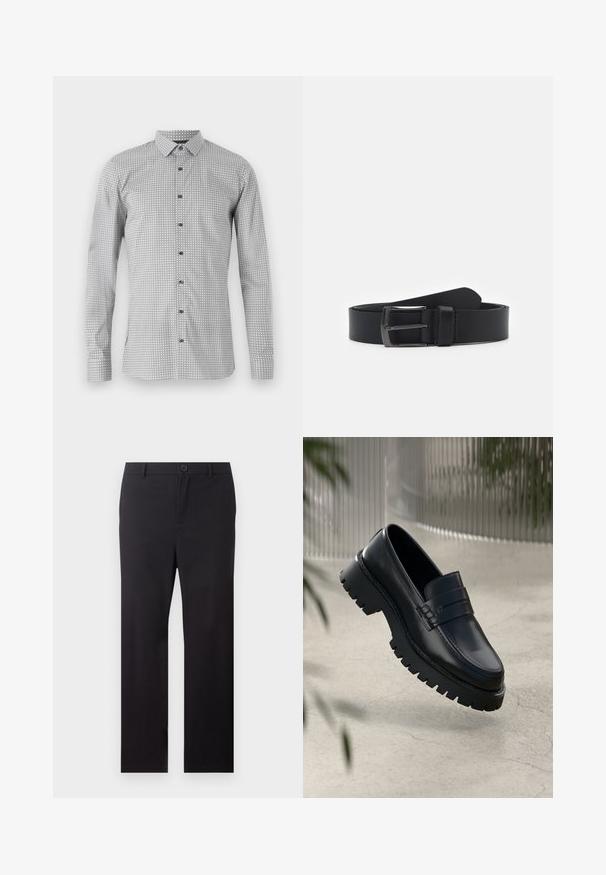 Langarmshirt in Weiß und Schwarz mit geometrischem Muster, durchgehende Knopfleiste und klassischem Kragen. Leichter Stoff mit glatter Textur.; Schwarze, gerade geschnittene Hose mit Gürtelschlaufen und einem vorderen Knopfverschluss vor weißem Hintergrund.; Schwarze Lederloafer mit einer robusten profilierten Sohle, ausgestattet mit einem dekorativen Riemen und einer Stichdetail. Glatte Textur mit einem polierten Finish.; Schwarzer Leder-Gürtel mit glatter Textur, ausgestattet mit einer silberfarbenen Metallschnalle und einem klassischen Design. Verstellbare Länge, minimalistischer Stil.