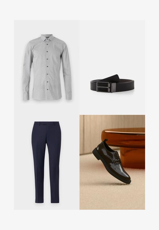 Langarmshirt in Weiß und Schwarz mit geometrischem Muster, durchgehende Knopfleiste und klassischem Kragen. Leichter Stoff mit glatter Textur.; Navyblaue maßgeschneiderte Hose mit einem eleganten Design, flachem Vorderteil, schmalen Beinen und ohne sichtbare Beschläge oder Muster. Glatte Stofftextur.; Schwarzer glänzender Lederschnürschuh, der über einem beigen Teppich mit einem glänzenden braunen runden Tisch im Hintergrund schwebt.; Schwarzer Ledergürtel mit glatter Oberfläche, ausgestattet mit einer silbernen Metallschnalle und Doppelzinken, entworfen für ein elegantes, minimalistisches Erscheinungsbild.