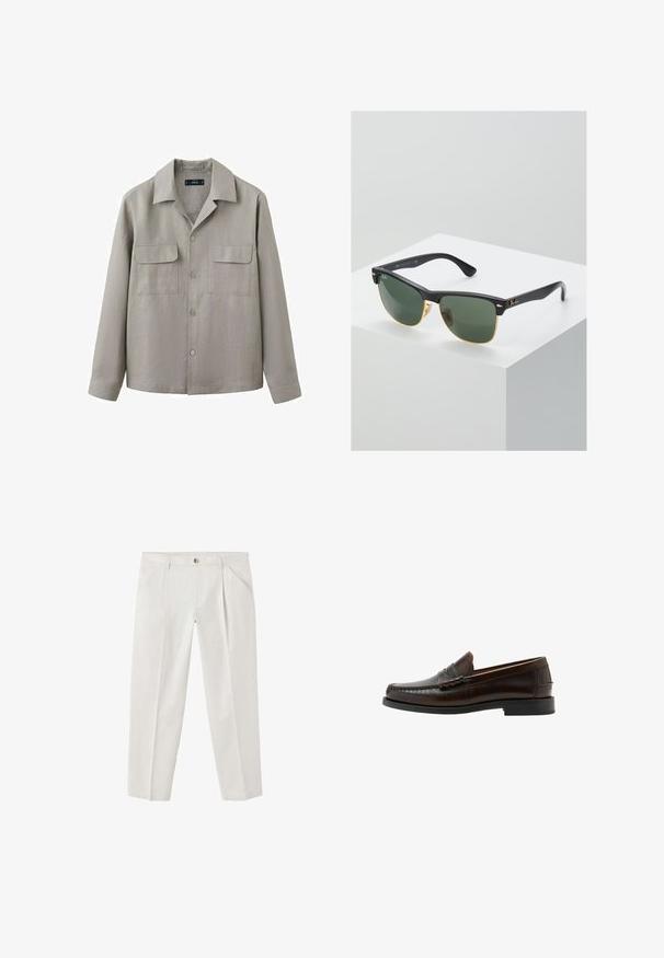 Chemise à manches longues gris clair avec deux poches à rabat à l'avant et un col pointu, présentée sur un fond blanc.; Pantalon droit couleur crème avec poches avant et passants pour ceinture, fermeture par bouton et zip, présenté sur fond blanc.; Mocassin penny en cuir marron foncé avec bout moc cousu, talon bas et finition lisse, présenté de profil sur fond blanc.; Lunettes de soleil Ray-Ban avec des verres verts, monture en plastique noir et accents dorés sur les bords. Forme carrée avec une finition mate.