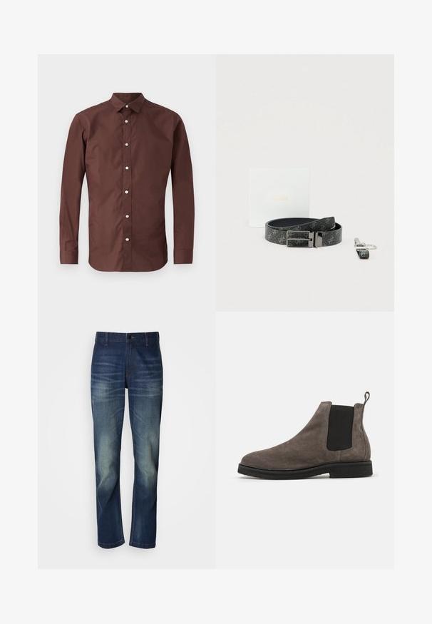 Ruskea pitkähihaine paita, joka on valmistettu sileästä puuvillasta. Siinä on napillinen kaulus ja etunapit, sekä slim fit -leikkaus.; Tummansiniset denimfarkut suoralla lahkeensivulla, jossa on kulumaa edessä, napillinen vetoketju ja perinteinen viiden taskun malli.; Harmaa mokkanahkainen Chelsea-saapas, jossa on joustavat sivupaneelit, pyöreä varvas ja vetoketju. Paksu musta kumipohja. Yksinkertainen ja tyylikäs muotoilu.; Musta, kuvioitu Guess-vyö metallisoljella, siihen sopiva avaimenperä ja valkoinen Guess-merkitty rasia vaalealla taustalla.