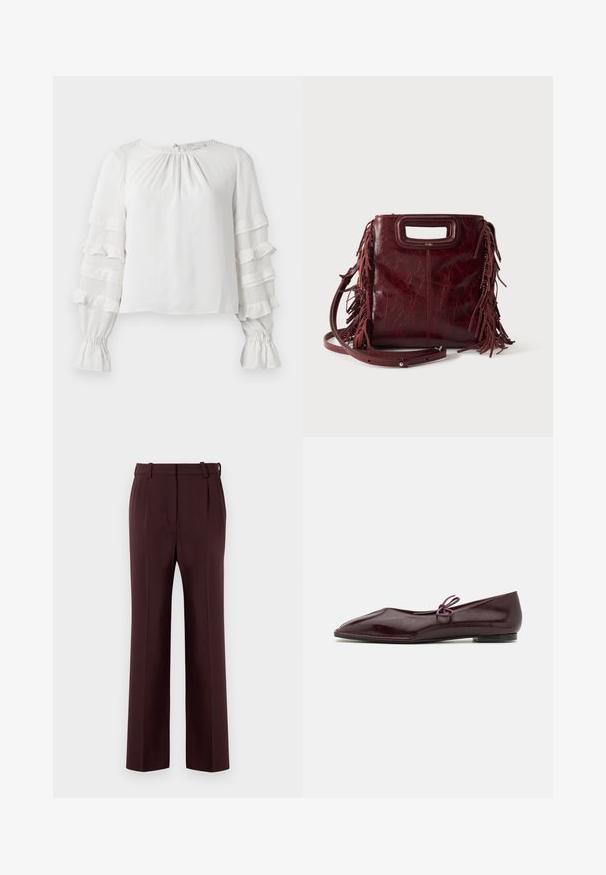 Witte blouse met lange mouwen, volants aan de gelaagde mouwen, gathered manchetten en een lichte gather aan de ronde halslijn.; Bordeaux op maat gemaakte broek met hoge taille, rechte pijpen en plooien. Gemaakt van gladde stof met riemlussen en zonder zichtbare patronen.; Ballerina's in bordeaux patenta leder met een spitse neus en een decoratieve paarse strik op de wreef; ontwerp met platte zool.; Vierkante bordeaux leren handtas met uitgesneden handvat, zijfranjes en een verstelbare schouderriem op een effen achtergrond.