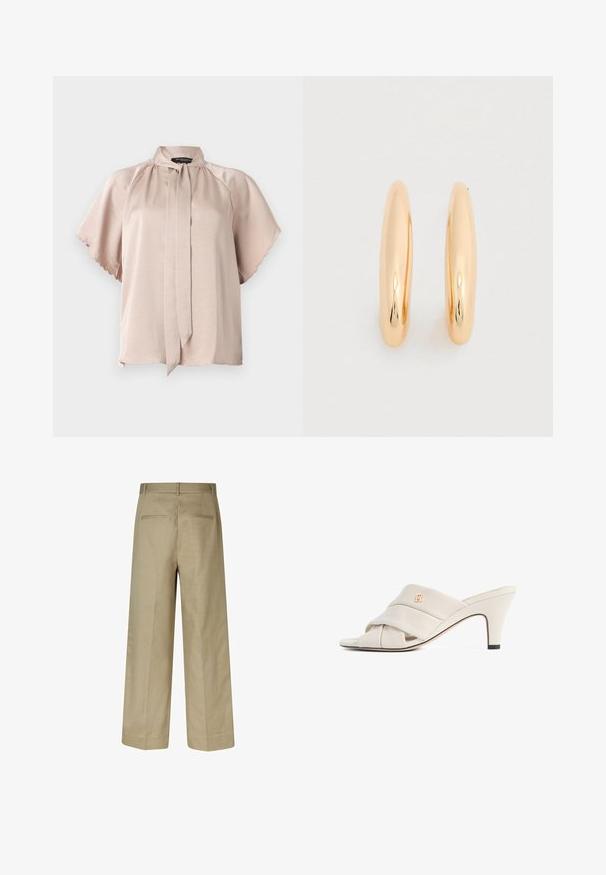Beige satijnen blouse met korte gegolfde mouwen en een voorgeknoopte halsdetail, weergegeven op een effen lichtgrijze achtergrond.; Beige wijde broek met een gladde textuur, achterzakken en riemlussen. Tailored fit met een rechte silhouet.; Beige hoge hakken mules met een gedraaide lederen band, open teen en een reliëf logo-accent. De hak heeft een zwarte puntdetail.; Oorringen in goudkleur met een gladde, glanzende afwerking. Afgeronde, langwerpige vorm die moderne elegantie toevoegt. Afmetingen niet gespecificeerd.