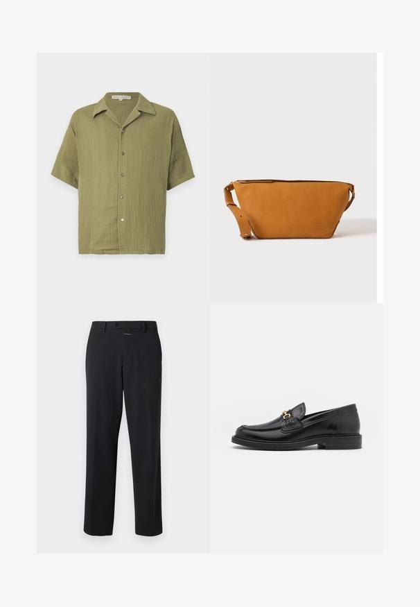 Chemise à manches courtes vert olive en tissu texturé, avec fermeture à boutons et col cranté. Présente une coupe décontractée et un motif de tissage subtil.; Pantalon noir à coupe droite, en tissu lisse. Il présente une fermeture à bouton à l'avant et des détails de couture subtils. Conception simple sans motifs.; Mocassins en cuir noir avec un embout rond, présentant des accents en métal doré et des détails de couture, montés sur une semelle en caoutchouc texturé et basse.; Sac bandoulière en cuir marron clair avec sangle réglable et fermeture éclair, présenté sur un fond clair uni.