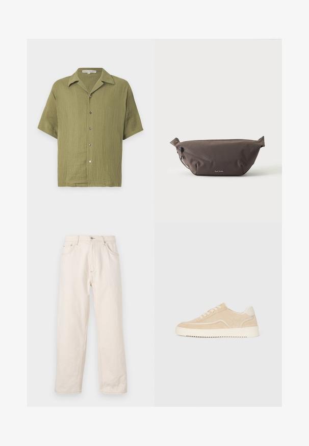 Chemise à manches courtes vert olive en tissu texturé, avec fermeture à boutons et col cranté. Présente une coupe décontractée et un motif de tissage subtil.; Jean droit beige en denim, avec une fermeture à boutons, cinq poches et des détails de couture visibles. Texture lisse.; Baskets en daim beige avec semelle et lacets blancs, design basse, et motif de semelle en zigzag.; Sac banane en tissu marron foncé avec poche zippée en diagonale et petit logo blanc sur le devant, sur un fond clair uni.