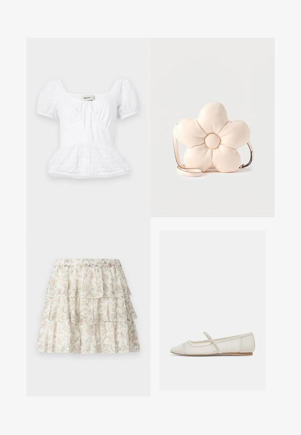 Haut peplum blanc avec un décolleté carré, de courtes manches bouffantes et un détail à cordon de serrage, présentant un motif de grille texturée et une garniture en dentelle.; Jupe blanche avec un design en couches et volants. Présente un motif floral délicat en rose et vert. Taille élastique pour plus de confort.; Chaussure plate ivoire à bout pointu avec bride ornée de perles et petit talon en bois, vue de côté sur un fond clair.; Sac bandoulière en cuir couleur crème en forme de grande fleur à cinq pétales rembourrés, avec une fine sangle réglable.