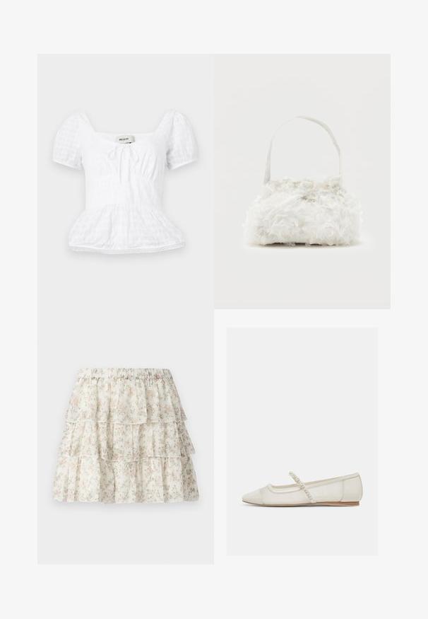 Haut peplum blanc avec un décolleté carré, de courtes manches bouffantes et un détail à cordon de serrage, présentant un motif de grille texturée et une garniture en dentelle.; Jupe blanche avec un design en couches et volants. Présente un motif floral délicat en rose et vert. Taille élastique pour plus de confort.; Chaussure plate ivoire à bout pointu avec bride ornée de perles et petit talon en bois, vue de côté sur un fond clair.; Petit sac à main blanc orné de roses en tissu recouvrant le corps et d'une fine anse unique, sur un fond uni.