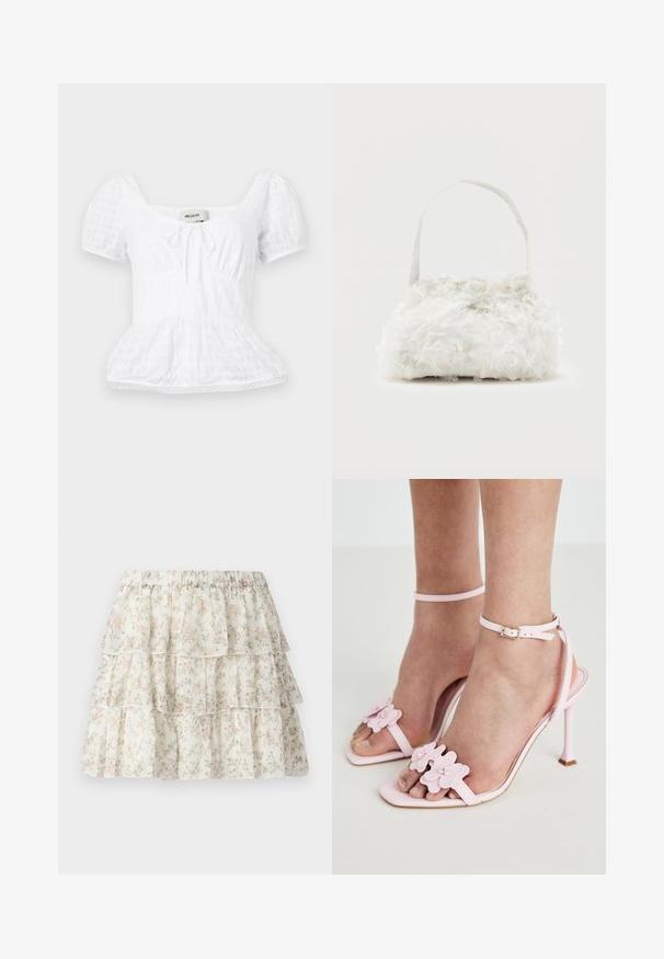 Valge peplum-top, millel on ruudukujuline kaelus, lühikesed puhvpaelad ja nöördetail, tekstureeritud ruuduliselt mustriga ja pitsäärtega.; Valge seelik kihilise, volangidega disainiga. Omab õrna lillemotiivi roosa ja rohelise värviga. Mugavuse tagamiseks elastne vöökoht.; Roosa kõrge kontsaga sandaalid lillede applikaadidega, kitsas pahkluu rihm ja avatud varvaste disain. Sile tekstuur ja terav pikk varvas.; Väike valge käekott, mille keha katavad kangasroosid, ja õhukese ühe rihmaga käepide tavalise tausta ees.