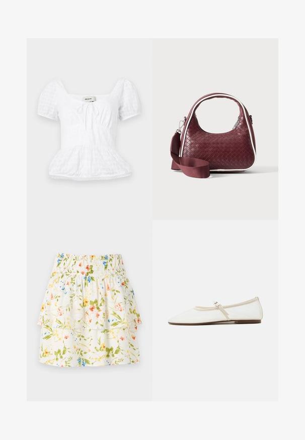 Haut peplum blanc avec un décolleté carré, de courtes manches bouffantes et un détail à cordon de serrage, présentant un motif de grille texturée et une garniture en dentelle.; Jupe à motifs floraux avec une taille smockée, des couches volantes et un fond blanc ornée de fleurs vertes, rouges et bleues.; Chaussure plate Mary Jane blanche avec bout pointu, fine bride réglable avec boucle argentée, et semelle marron sur fond blanc.; Sac à main en cuir tressé marron foncé avec poignée courbée, garniture blanche, fermeture éclair argentée et bandoulière large en tissu amovible sur fond uni.