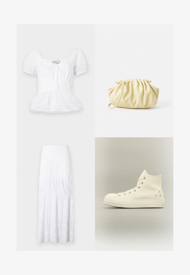 Haut peplum blanc avec un décolleté carré, de courtes manches bouffantes et un détail à cordon de serrage, présentant un motif de grille texturée et une garniture en dentelle.; Jupe maxi blanche à volants, réalisée en tissu léger. Elle présente une ceinture élastique et une texture subtile avec des coutures horizontales.; Baskets montantes en toile blanche avec semelle épaisse, œillets métalliques et petits trous de ventilation en forme de fleur sur le côté.; Sac à main plissé jaune en simili cuir lisse, arborant une forme douce avec une bandoulière unique et un design froncé sur le dessus.