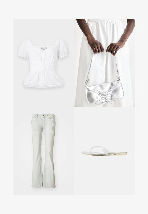 Haut peplum blanc avec un décolleté carré, de courtes manches bouffantes et un détail à cordon de serrage, présentant un motif de grille texturée et une garniture en dentelle.; Jeans évasés en denim gris clair avec poches latérales, présentant une bande beige texturée le long de la couture extérieure, fermeture à bouton et passants de ceinture.; Sandale plate claire unique avec une bride d'orteil transparente et une semelle beige, présentée de profil sur fond blanc.; Sac à main en métal argenté avec un détail à lacets, arborant un design épuré et une courte sangle. Le sac est tenu dans les mains, mettant en valeur sa texture.