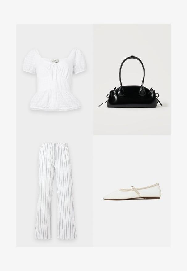 Biely peplum top s hranatým výstrihom, krátkymi puffovými rukávmi a šnurovaním, s texturovaným mriežkovým vzorom a čipkovým lemom.; Biele nohavice s modrými vertikálnymi pruhmi, vyrobené z ľahkej tkaniny. Majú elastický pás a široké, rozšírené nohavice.; Biela Mary Jane balerína s ostrou špičkou, tenkým nastaviteľným remienkom so striebornou prackou a hnedou podrážkou na bielom pozadí.; Malá čierna lesklá kabelka s dvoma dlhými rúčkami a bočnými šnúrkovými detailmi na jednoduchom svetlom pozadí.