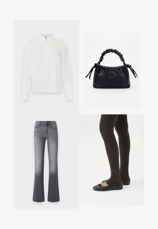 Chemise blanche à manches longues avec un col, présentant un subtil motif texturé et une fermeture à boutons. Tissu lisse avec une belle finition.; Jean flare taille haute en denim gris foncé, avec poches frontales, fermeture à bouton et légère décoloration vers l'ourlet.; Jambes portant des leggings côtelés foncés associés à des ballerines noires avec de petits détails en nœud sur fond blanc.; Sac à main noir avec texture crocodile, bord supérieur froncé, poignée plissée et pompons à cordon de chaque côté sur fond blanc.