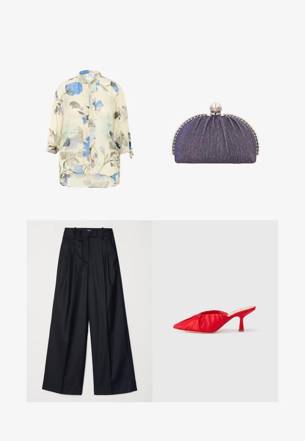 Kevyt, läpikuultava blouse, jossa on kukkakuosi sinisen ja harmaan sävyissä vaaleancremellä taustalla. Varustettu pitkillä hihoilla, jotka voidaan kääntää ylös, ja pystykauluksella.; Musta leveälahkeinen housut, jotka on valmistettu sileästä kankaasta. Niissä on korkea vyötärö, laskoksia ja räätälöity muotoilu. Yksinkertaiset mustat metalliosat vyötäröllä.; Punaiset satiiniset korkokengät, joissa on terävä kärki ja yläosassa poimuttuva tekstuuri. Kengissä on kapea, kärkeä kohti kapeneva korko.; Pieni violetti iltalaukku hopeisilla reunoilla ja helmikiristimellä ylhäällä.