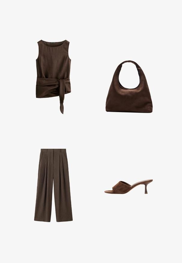 Haut sans manches en lin marron foncé avec encolure ronde et large ceinture en tissu nouée à la taille, nœud qui pend.; Pantalon marron à jambes larges en tissu texturé, avec des plis à l'avant, des passants pour ceinture et des poches latérales.; Mule en daim marron à bout ouvert, talon en bois incurvé de hauteur moyenne et design à enfiler sur fond blanc.; Sac à main en toile marron doux de style hobo avec une large sangle unique et une ouverture en haut arrondie, présenté sur un fond blanc.
