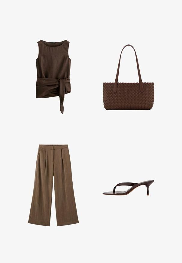 Haut sans manches en lin marron foncé avec encolure ronde et large ceinture en tissu nouée à la taille, nœud qui pend.; Pantalon large marron avec plis, poches latérales et ceinture élastique, fabriqué en tissu texturé.; Sandale à talon en cuir verni noir avec bride entre les orteils et un talon petit kitten élancé de hauteur moyenne, vue de côté sur fond blanc.; Sac à main en cuir marron avec un motif tissé, avec deux longues anses fines pour un port à l'épaule.
