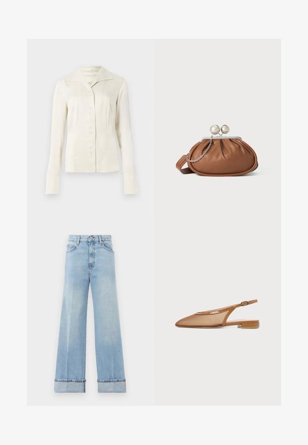 Off-White Langarmbluse mit Knopfleiste, breitem Kragen und taillierter Taille, vor einem schlichten hellen Hintergrund präsentiert.; Helle blaue, weit geschnittene Jeans aus Denim mit hoher Taille, umgeschlagenen Säumen und klassischem Fünf-Taschen-Design. Sauberer Abschluss mit minimaler Abnutzung.; Brauner Slingback-Flachschuh mit spitzer Zehenpartie, dünnem Riemen mit Schnalle und niedrigem Blockabsatz auf weißem Hintergrund.; Braune Leder-Clutch mit silbernem Kugelverschluss und einem kleinen silbernen Kettendetail auf weißem Hintergrund.