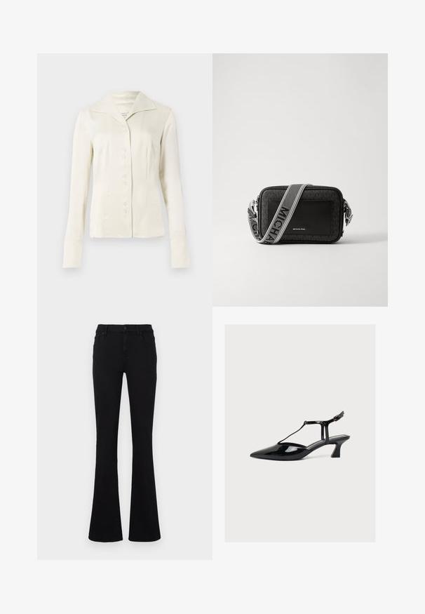 Off-white blouse met lange mouwen en knopen, voorzien van een brede kraag en een getailleerde taille, gepresenteerd tegen een effen lichte achtergrond.; Zwarte flared jeans gemaakt van een katoenmengsel. Voorzien van een knoopsluiting, riemlussen en voorzakken. Soepele textuur met lichte rek.; Zwarte lakleren lage hak schoen met puntige neus, T-bandje en gespsluiting op een lichte neutrale achtergrond.; Zwarte schoudertas met een gestructureerde stoffen body, een gladde leren voorkant en een contrasterende band met "MICHAEL KORS" branding.
