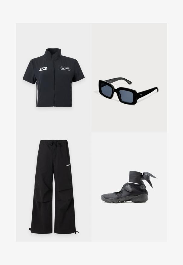 Veste noire zippée manches courtes avec col montant, "23" blanc sur la poitrine gauche et logo "jordan" sur la poitrine droite.; Pantalon noir à jambes larges avec taille élastique, cordons de serrage aux ourlets, et logo blanc sur la cuisse supérieure.; Chaussure de sport noire avec des découpes, des brides en velcro et un lacet autour de la cheville noué en un nœud, vue de côté sur un fond blanc.; Lunettes de soleil à monture carrée noire avec verres sombres et petit logo sur la branche, présentées sur un fond clair uni.