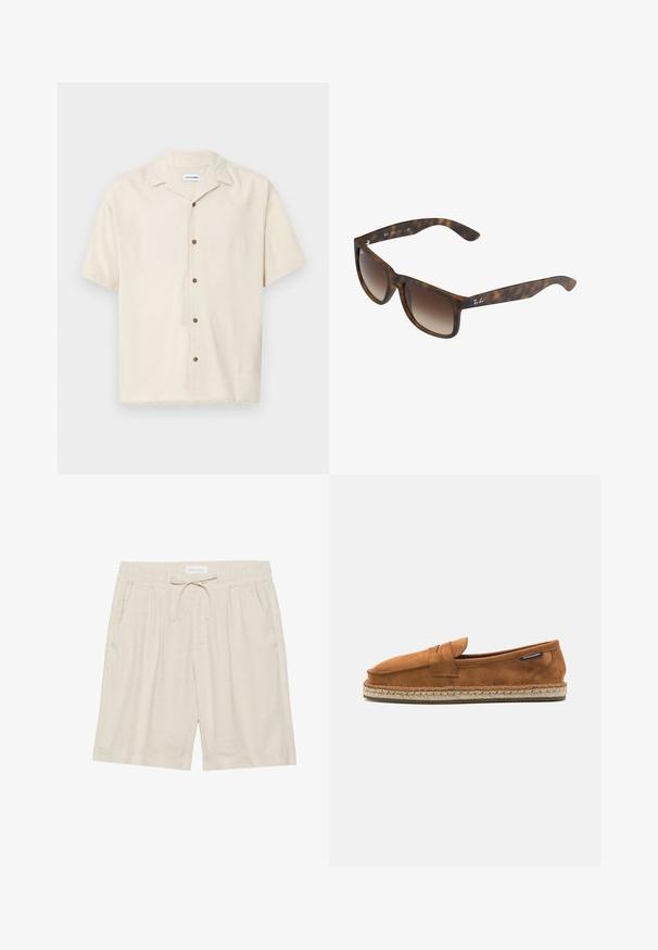 Kortærmet beige skjorte lavet af et glat stof. Har en spidse krave og brune knapper foran.; Beige linnedufter med elastisk talje, snor og sidelommer. Afslappet pasform med lige ben og opfoldet kant.; Brun ruskind slip-on sko med rund tå, der har en vævet jute sål og et lille accentbånd over forfoden.; Skildpadde-solbriller med brune gradientlinser, rektangulær form, tykke stel og en sølvlogoaccent på siden.