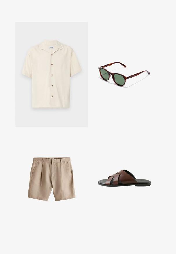 Kortærmet beige skjorte lavet af et glat stof. Har en spidse krave og brune knapper foran.; Beige linnedshorts med bæltestropper, forreste læg, sidelommer og foran lynlås.; Herrebrun lædersandal med krydsede remme og sort sål, vist i profil mod hvid baggrund.; Brune skildpaddedesign solbriller med runde rammer, grønne linser og mønstrede tempelarme. Har brandlogo på en arm.