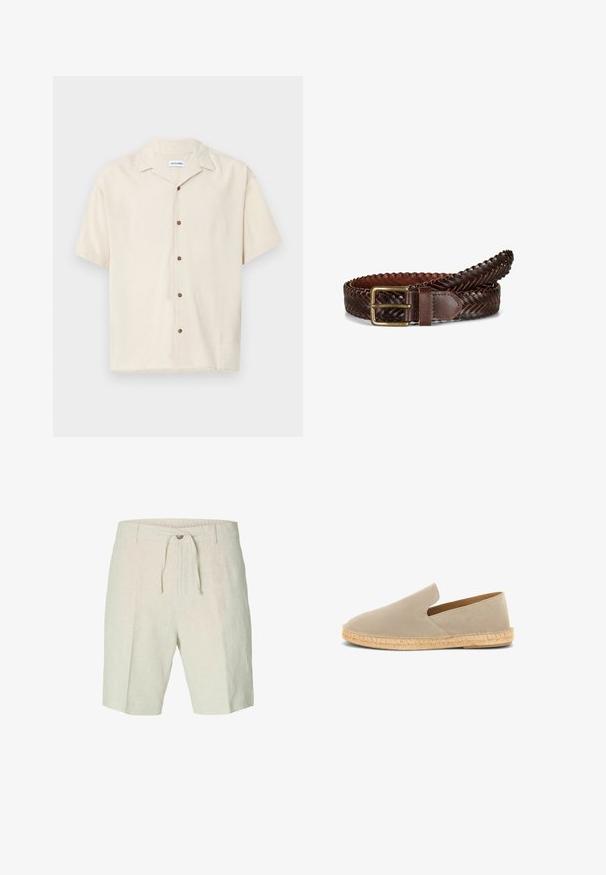 Kortærmet beige skjorte lavet af et glat stof. Har en spidse krave og brune knapper foran.; Linned shorts i lys beige med snor i taljen, frontfolder og to sidelommer. Glat tekstur med afslappet design.; Beige ruskind espadrille med elastisk skaft, jutesnoet sål og lav hæl, set fra siden på hvid baggrund.; Mørkebrun flettet læderbælte med spænde i messing i rektangulær form, snoet med detaljerede syninger på spændeøjet mod en hvid baggrund.