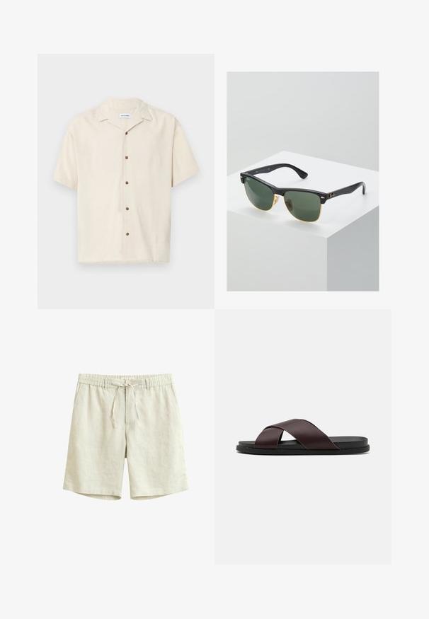 Kortærmet beige skjorte lavet af et glat stof. Har en spidse krave og brune knapper foran.; Lys beige linnedshorts med elastisk talje, bindebånd og sidelommer, vist mod en hvid baggrund.; Brun, krydsrem slide sandal med mat finish, flad sort sål og glat tekstur. Minimalistisk design uden synligt hardware.; Ray-Ban solbriller med grønne linser, sorte plastikstel og gyldne detaljer ved kanterne. Firkantet form med mat finish.