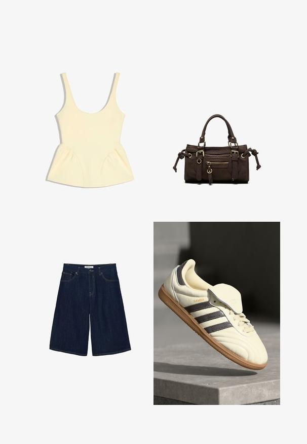 Haut sans manches couleur crème avec encolure arrondie et détails en tissu froncé et évasé à la taille sur les deux côtés.; Shorts en denim bleu foncé jusqu'au genou avec fermeture par bouton et zip, poches avant et arrière, et coutures contrastées.; Baskets en cuir crème avec trois bandes sombres, une semelle extérieure en gomme marron et un bout arrondi. Présentent une languette pliable étiquetée "SAMBA."; Sac à main en cuir marron foncé avec double poignée, poche avant zippée, boucles décoratives et nœuds latéraux sur fond blanc.