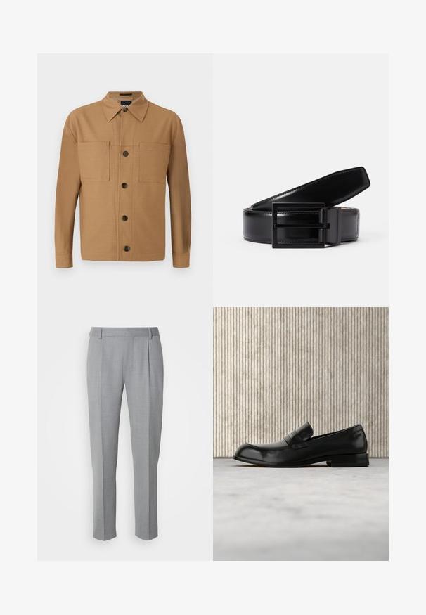 BOSS CRAIG - Skjorter - medium beige; Grå skræddersyede bukser med en glat tekstur, som har en flad front, lige ben og diskrete folder for ekstra detalje.; Sort læderloafer med metalaccent, vist svævende over et beige tæppe, med et rundt, ravfarvet bord i baggrunden.; Sorte læderbælte med en glat finish, der har en firkantet sort metalspænde. Bæltet har diskret syninger og et klassisk design.
