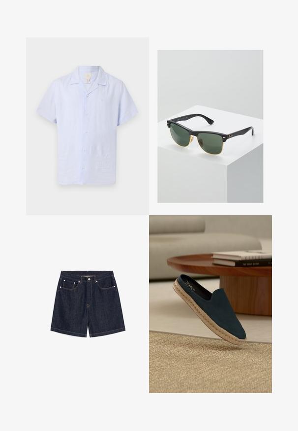 Chemise bleu clair à manches courtes avec col campagnard et logo discret sur la poitrine, sur fond uni.; Short en jean bleu foncé avec bouton à l'avant, cinq poches et coutures contrastées, posé à plat sur fond blanc.; Chaussure bleu marine sans lacets avec semelle en jute tressée flottant au-dessus d'un tapis beige tissé, table ronde en bois et canapé neutre en arrière-plan.; Lunettes de soleil Ray-Ban avec des verres verts, monture en plastique noir et accents dorés sur les bords. Forme carrée avec une finition mate.