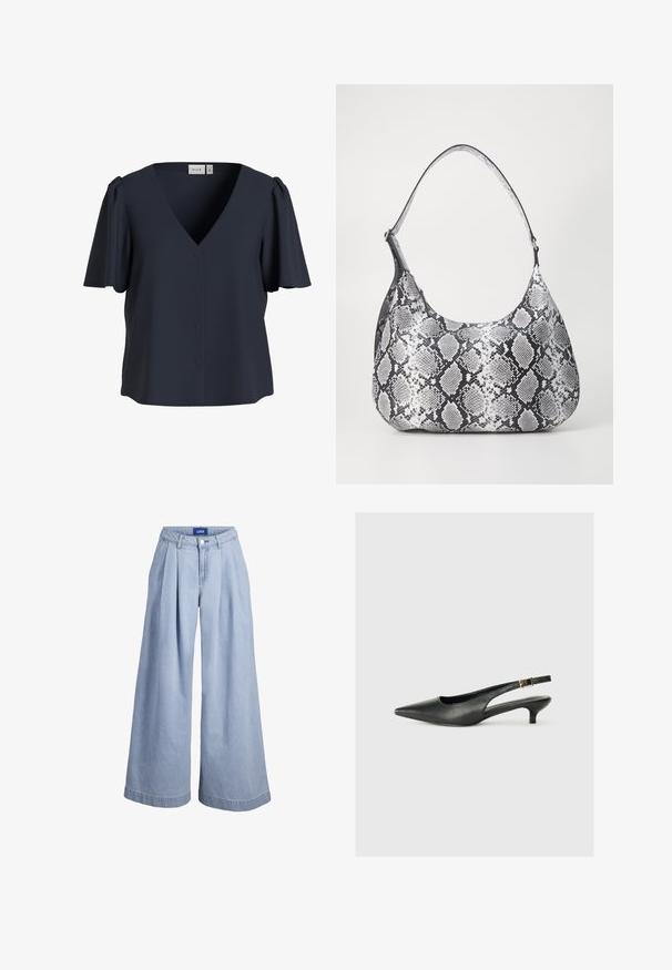 Blouse bleu marine à manches courtes, col en V, boutons sur le devant et manches légèrement bouffantes, étiquetée "VILA".; Pantalon en denim bleu clair à jambes larges avec plis à l'avant, fermeture par boutons et étiquette JJXX sur la ceinture intérieure.; Chaussure slingback noire à bout pointu en cuir lisse. Présente un talon fin et un détail de boucle sur la sangle réglable.; Sac à épaule en simili cuir noir et blanc avec imprimé serpent, de forme arrondie, texture lisse et bandoulière incurvée. Présente un accent en matériel argenté.