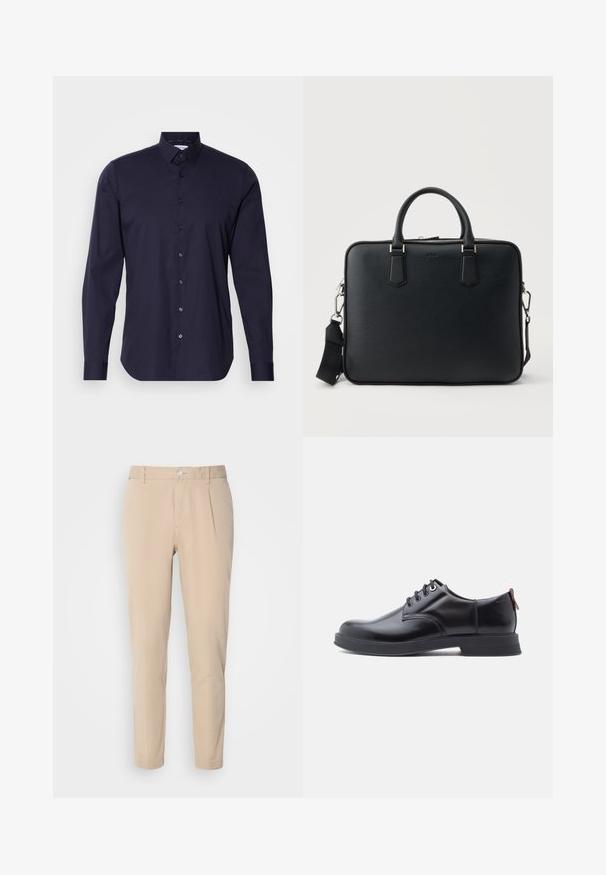 Marineblå skjorte med lange ærmer, klassisk krave og slim fit design. Fremstillet af glat stof med et diskret logo på brystet.; Beige bukser med en slim fit, lavet af vævet materiale. Har en enkelt knaplukning, plisseret front og lige ben.; Sorte snørestøvler i læder med glat tekstur, rundet tå og diskrete syningsdetaljer. Har en rød trækflig på hælen.; Sort tekstureret lædermappe med to håndtag og en aftagelig skulderrem, med en sølvlynlås og metalbeslag.