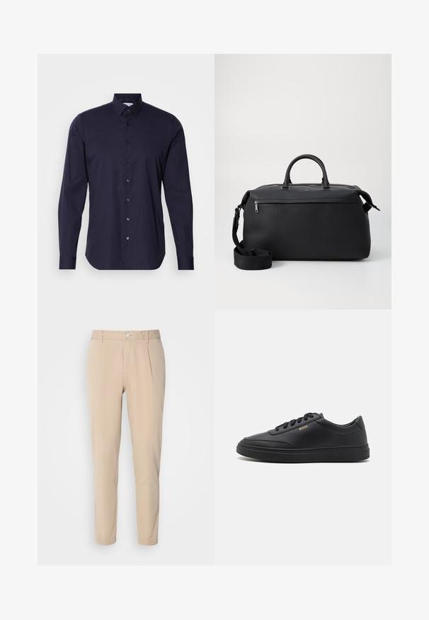Chemise bleu marine à boutons, à manches longues, avec un col classique et une coupe ajustée. Fabriquée en tissu lisse avec un logo subtil sur la poitrine.; Pantalon beige à coupe slim, fabriqué en tissu tissé. Équipé d'une fermeture à un bouton, d'un devant plissé et de jambes droites.; Baskets en cuir noir avec une texture lisse, bout rond, semelle en caoutchouc plate et lacets ton sur ton. Présente une marque "BOSS" dorée sur le côté.; Sac de voyage en cuir noir avec deux poignées supérieures, une bandoulière amovible et une poche avant zippée pour un espace de rangement supplémentaire.