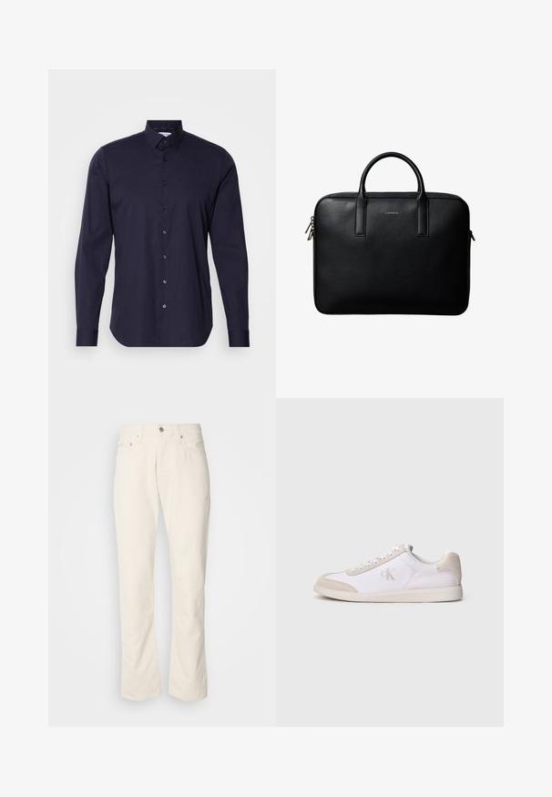 Marineblå skjorte med lange ærmer, klassisk krave og slim fit design. Fremstillet af glat stof med et diskret logo på brystet.; Beige bomuldsjeans med et klassisk lige ben-design, der har en forreste knaplukning, fem lommer og diskrete syninger.; Hvid og beige lavsko med snørelukning foran, ruskindsdetaljer og "cK" logo på siden, vist i profil mod en ensfarvet baggrund.; Sort tekstureret lædermappe med dobbelte håndtag og sølv lynlås, centreret på hvid baggrund.