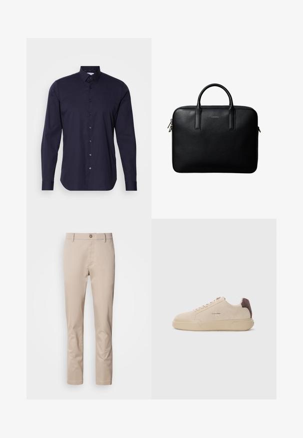 Marineblauwe overhemd met lange mouwen, klassieke kraag en een slanke pasvorm. Gemaakt van een gladde stof met een subtiele logo op de borst.; Beige katoenen chino's met een rechte pasvorm, riemlussen, een enkele voorknoop en een gladde, niet-gestructureerde oppervlakte. Er zijn geen zichtbare zakken.; Beige suède sneakers met een ronde neus, vetersluiting aan de voorkant en een bruine suède accent op de hiel. Beschikt over een gestructureerde rubberen zool.; Zwarte gestructureerde leren aktetas met dubbele handvatten en zilveren ritstrekkers, gecentreerd op een witte achtergrond.