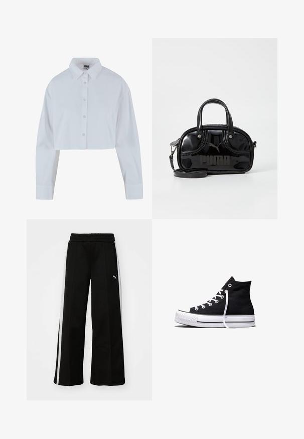 Chemise blanche courte à col pointu, à manches longues et à texture lisse. Comprend une patte de boutonnage à l'avant avec des boutons assortis.; Pantalons larges noirs avec une taille élastique, des rayures blanches verticales, des poches latérales zippées et un petit logo sur la cuisse.; Baskets montantes en toile noire avec semelle en caoutchouc blanche et lacets blancs, vues de côté sur un fond blanc.; Sac à main en cuir verni noir avec des poignées supérieures doubles, une bandoulière amovible, une forme arrondie et un logo "PUMA" en relief bien visible.
