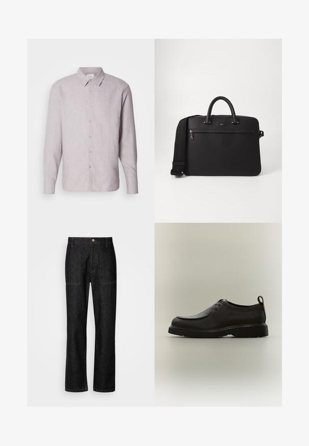 Chemise en lin gris clair avec col, manches longues et boutonnière. Présente une texture subtile et des boutons en nacre le long de la patte de boutonnage.; Pantalons en denim noir avec une coupe droite, des coutures visibles et une fermeture à bouton sur le devant. Comprend deux poches latérales et deux poches arrière.; Chaussure noire en cuir à lacets avec dessus texturé, languette à talon, semelle épaisse et logo embossé "ck" près du talon sur fond neutre.; Sac en cuir noir avec une texture lisse, deux poignées supérieures et une bandoulière amovible. Il dispose d'une poche avant zippée et de détails de logo.