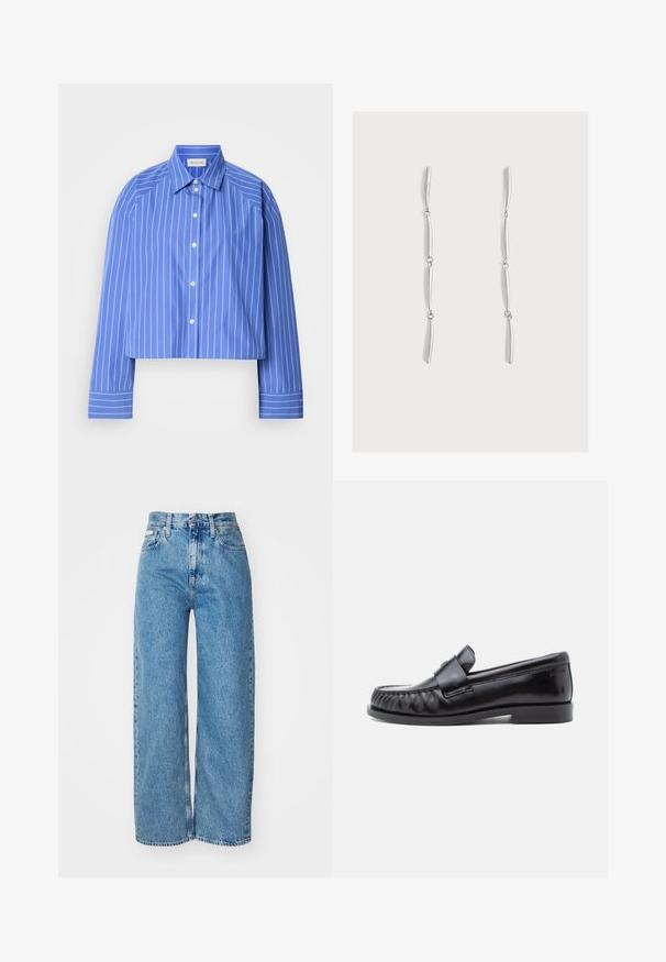 Geknipte blauwe shirt met verticale witte strepen, klassieke kraag, lange mouwen en knoopsluiting; gemaakt van een soepele, lichte stof.; Lichtblauwe denim wijde jeans met hoge taille, rafelrand en vijf zakken. De verslete textuur voegt diepte toe aan de stof.; Zwarte leren loafers met een afgeronde neus, kenmerkende stiksels en een decoratieve band over de wreef. Gladde afwerking en lage hak.; Lange zilveren druppeloorbellen met vier slanke, licht gebogen gekoppelde segmenten op een effen witte achtergrond.
