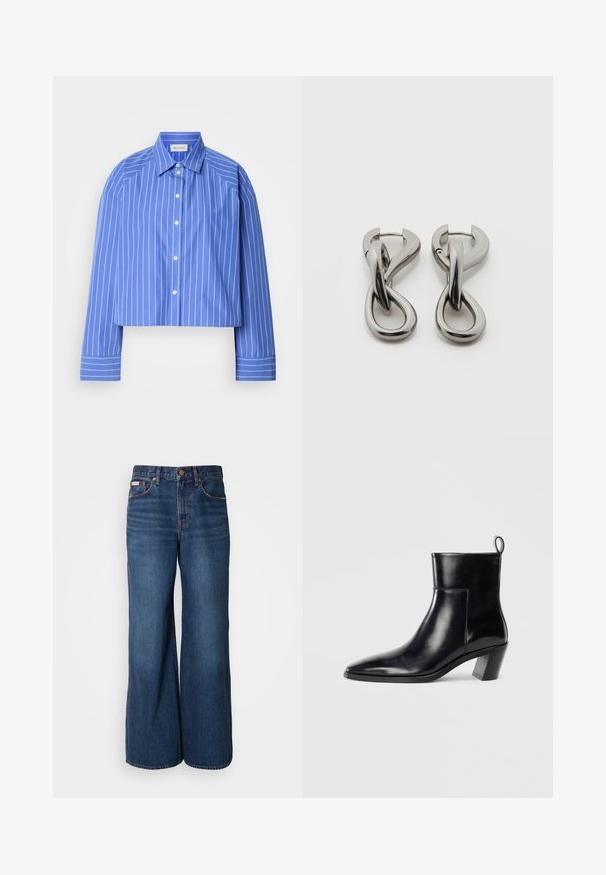 Geknipte blauwe shirt met verticale witte strepen, klassieke kraag, lange mouwen en knoopsluiting; gemaakt van een soepele, lichte stof.; Wijdvallende jeans van donkerblauwe denim. Kenmerken zijn een hoge taille, vijf zakken en contrasterende oranje stiksels langs de naden.; Zwarte leren enkelboot met een spitse neus, een geometrische gestapelde hak en een trekband aan de achterkant. Gladde textuur en slank ontwerp.; Set zilverkleurige metalen oorbellen met een abstract ontwerp van in elkaar grijpende lussen op een witte achtergrond.