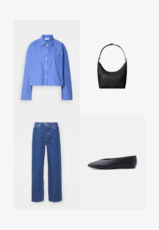 Camisa azul recortada con rayas blancas verticales, cuello clásico, mangas largas y botones en el frente; hecha de una tela suave y ligera.; Jeans de mezclilla azul de pierna ancha con una cintura alta, con cierre de cremallera y botón, presillas para el cinturón y un ligero desgaste en la tela.; Zapato plano de ballet negro con punta puntiaguda y patrón perforado sutil, mostrado de lado sobre un fondo blanco sencillo.; Bolso de hombro de cuero negro texturizado con una sola correa y un pequeño logo de Calvin Klein en el centro delantero.
