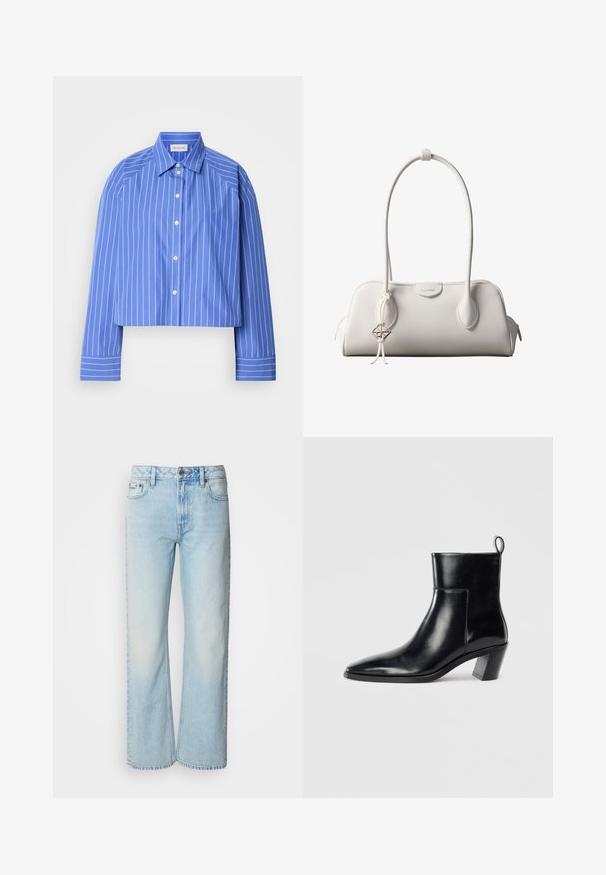 Geknipte blauwe shirt met verticale witte strepen, klassieke kraag, lange mouwen en knoopsluiting; gemaakt van een soepele, lichte stof.; Lichtblauwe wijde jeans van denim, voorzien van een klassiek vijf-pocket ontwerp en een subtiele vervaagde textuur. Denimstiksels zijn zichtbaar.; Zwarte leren enkelboot met een spitse neus, een geometrische gestapelde hak en een trekband aan de achterkant. Gladde textuur en slank ontwerp.; Witte Calvin Klein schoudertas met lange hengsels, rechthoekige vorm, ritssluiting en decoratieve logohanger bij het hengsel.