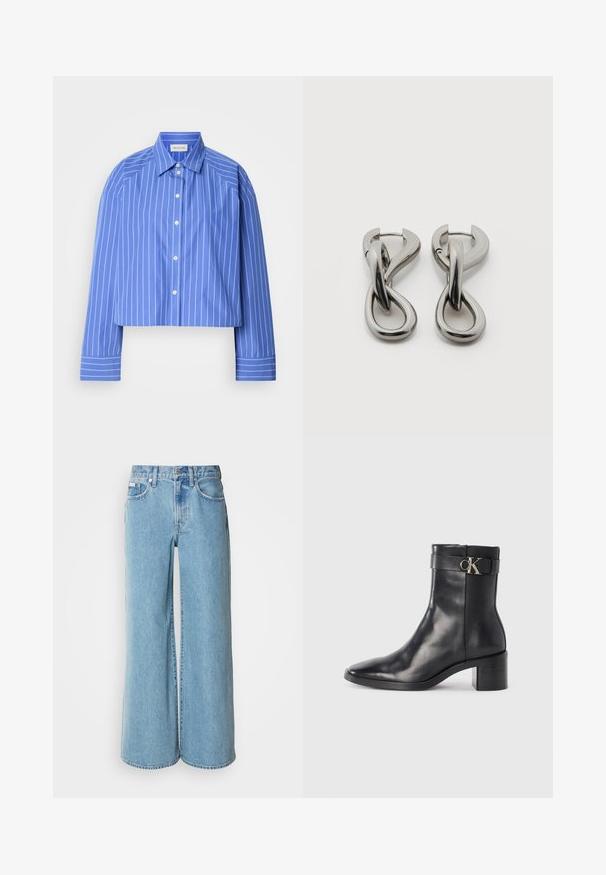 Geknipte blauwe shirt met verticale witte strepen, klassieke kraag, lange mouwen en knoopsluiting; gemaakt van een soepele, lichte stof.; Lichtblauwe wijde jeans van denim, met een hoge taille, vijf pockets en subtiele vervaging langs de stof.; Zwarte leren enkellaars met een spitse neus, blokhak en een bandje met een metallic logo. Gladde textuur en minimalistisch ontwerp.; Set zilverkleurige metalen oorbellen met een abstract ontwerp van in elkaar grijpende lussen op een witte achtergrond.