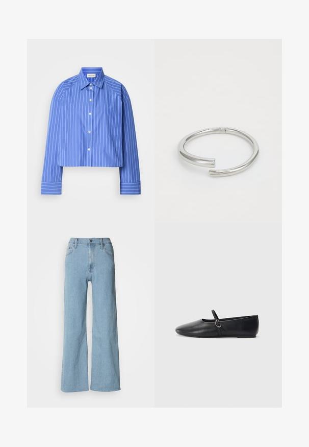 Geknipte blauwe shirt met verticale witte strepen, klassieke kraag, lange mouwen en knoopsluiting; gemaakt van een soepele, lichte stof.; Lichtblauwe wijde jeans van denim, met een aansluitende taille, vijf-pocket ontwerp en subtiele stiksels.; Zwarte leren balletschoenen met een spitse neus, platte zool en een kleine strap met een zilveren gespsluiting.; Calvin Klein SPIRAL - Armband - silver-coloured