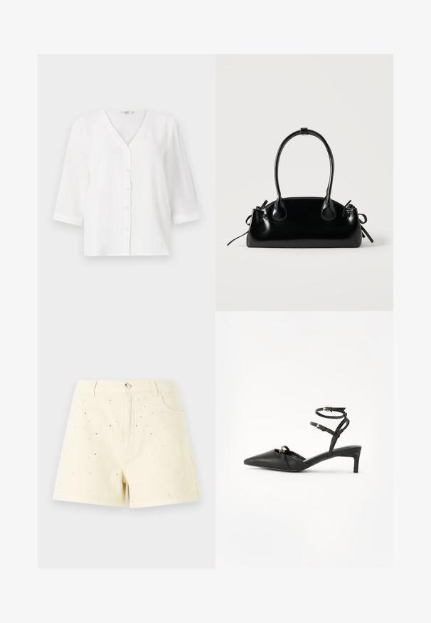 Witte blouse met een V-hals en zes knopen aan de voorkant. Heeft driekwart mouwen en een relaxte pasvorm. Zachte, gestructureerde stof.; Geel denim shorts met een hoge taille en een losse pasvorm, met kleine zilveren studs die over de voorkant zijn verspreid voor detail.; Zwarte leren slingback hakken met een spitse neus, dunne enkelbandjes, gouden hardware accenten en een slanke hak. Soepele textuur en een minimalistisch ontwerp.; Kleine zwarte glanzende handtas met twee lange hengsels en zijkant trekkoord details op een effen lichte achtergrond.