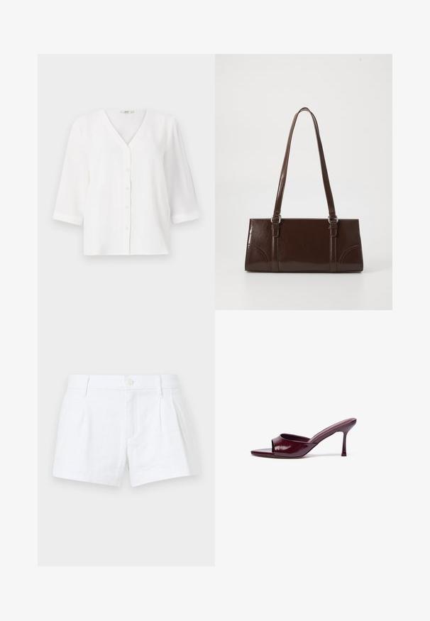 Witte blouse met een V-hals en zes knopen aan de voorkant. Heeft driekwart mouwen en een relaxte pasvorm. Zachte, gestructureerde stof.; Witte linnen shorts met plooien, een knoopsluiting en zijzakken. Heeft een tailormade snit en een gladde textuur.; Bordeaux patentleren open teen sleehaksandalen met een gebogen vorm en een dunne stilettohak. Gladde textuur met minimale details.; Bruine lakleren handtas met een rechthoekige vorm, twee lange handvatten en subtiele gebogen accenten aan de voorkant.