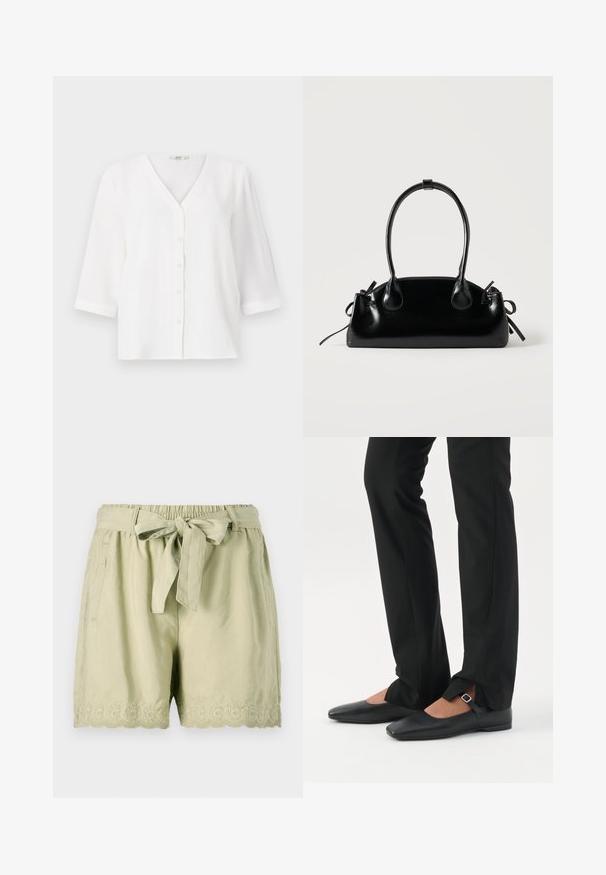 Blusa blanca con escote en V y seis botones en la parte delantera. Cuenta con mangas de tres cuartos y un corte relajado. Tejido suave y texturizado.; Pantalones cortos de color verde claro, confeccionados en una tela suave, con una cintura elástica, un cinturón atado, bolsillos laterales y un intrincado bordado en forma de concha en el dobladillo.; Piernas con pantalones ajustados negros con aberturas frontales en el dobladillo, combinados con zapatos planos Mary Jane negros con una pequeña correa con hebilla.; Pequeño bolso negro brillante con dos asas largas y detalles de cordón lateral sobre un fondo claro liso.