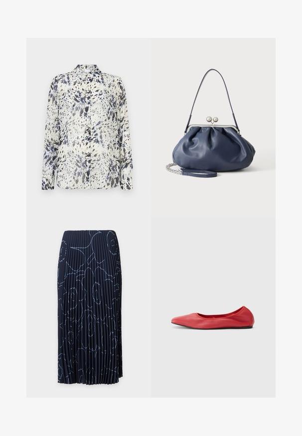 Blouse à manches longues avec une base blanche ornée d'un motif abstrait bleu marine et gris. Devant boutonné, col classique et tissu doux et lisse.; Jupe midi plissée bleu marine avec un grand motif floral contouré en bleu clair sur fond uni.; Filippa K REY FLATS - Ballerines - bright red; Sac à main en cuir bleu marine doux avec fermeture à boucle argentée, une seule bandoulière, et une chaîne de poignet amovible sur fond blanc.